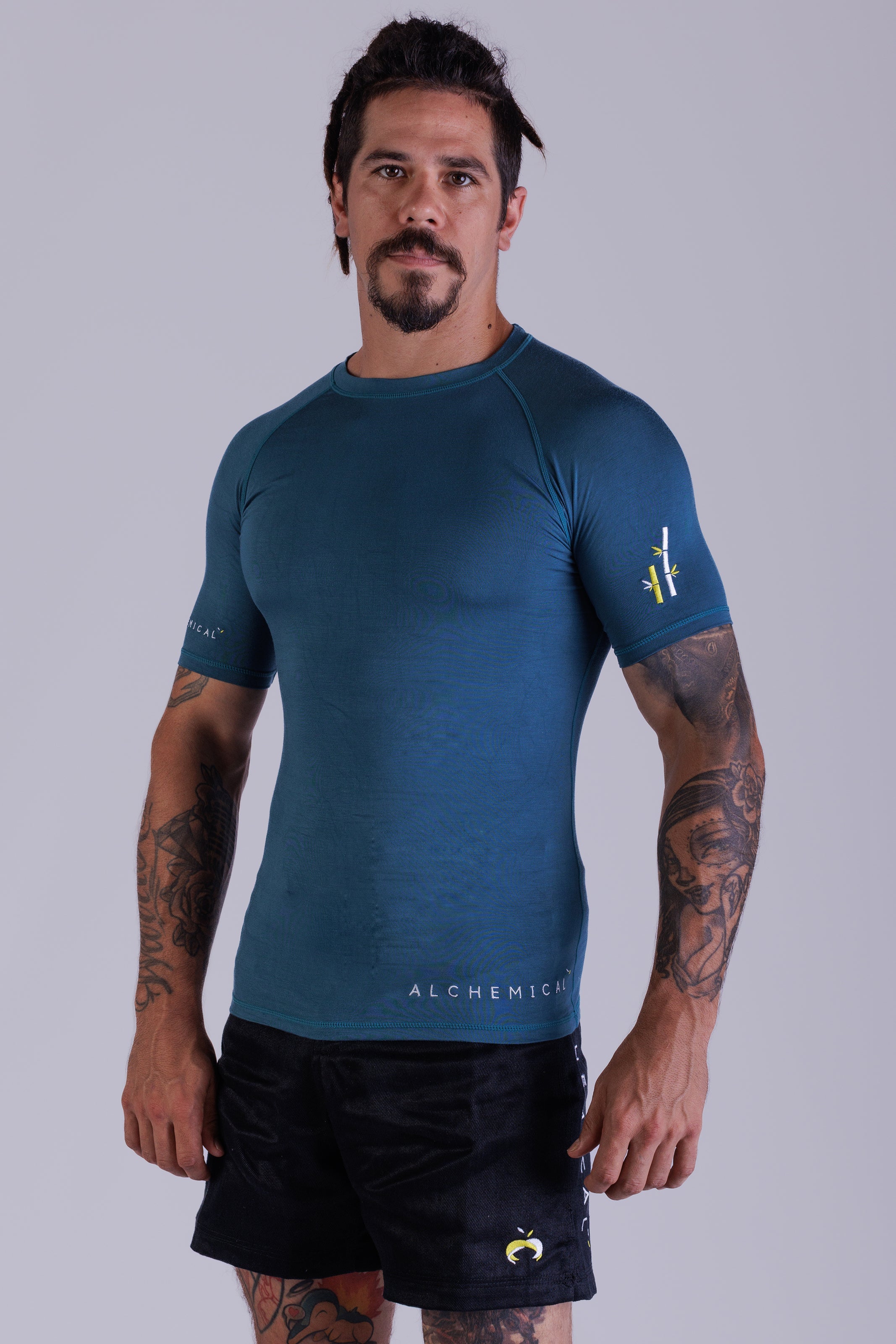 Bamboo Rash Guard Short Sleeve - Yellow &amp; White Embroidery